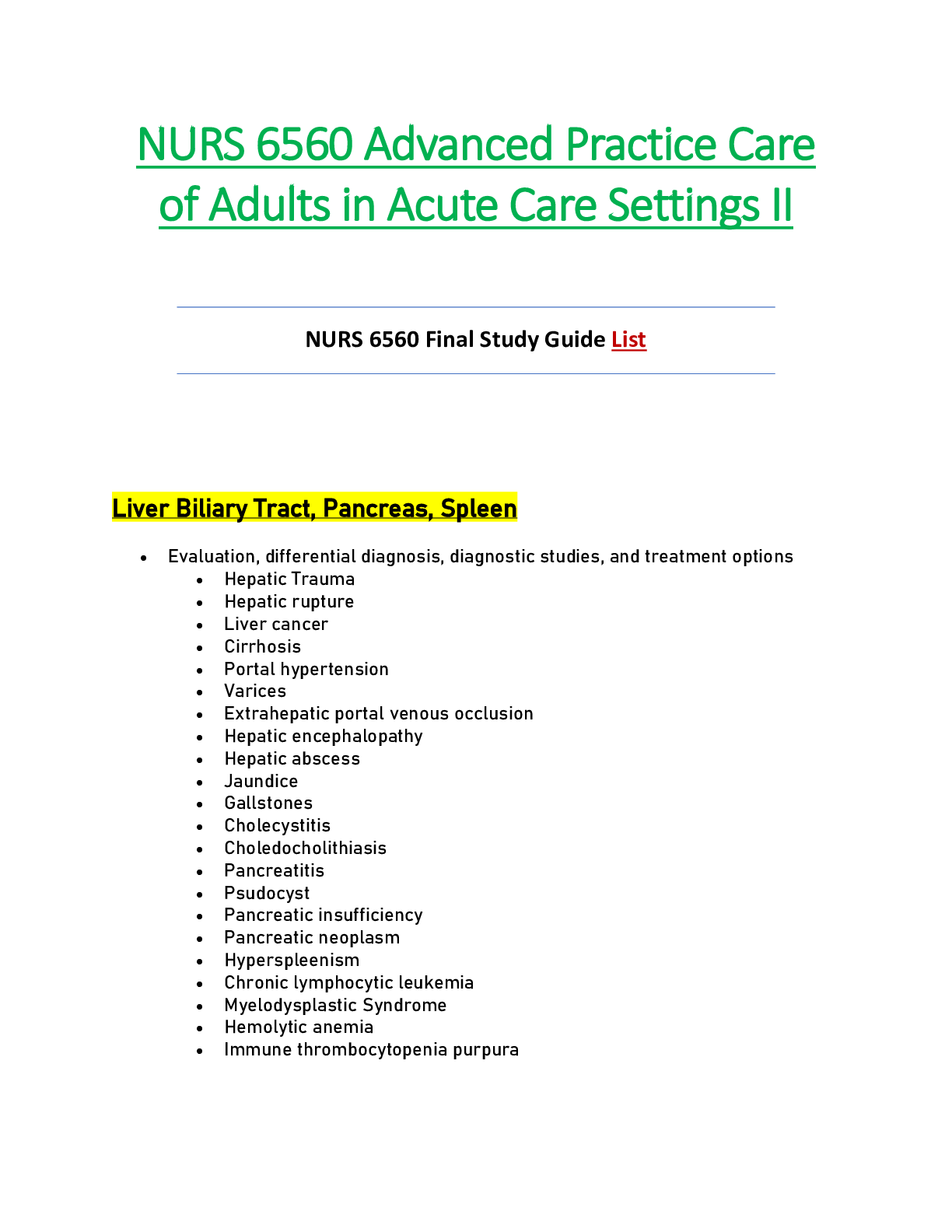Preview of NURS6560 / NURS 6560 Final Study Guide List  : Advanced Practice Care of Adults in Acute C